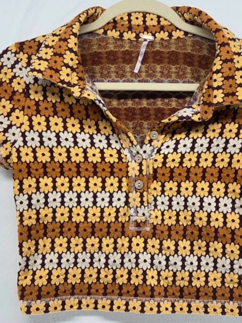 Free People- Med - Floral Knit Crop Polo Top - Yellow & Brown